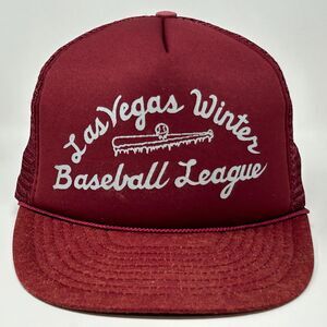 Vintage 80s Las Vegas Winter Baseball League Trucker Hat Cap Red Mesh Snapback
